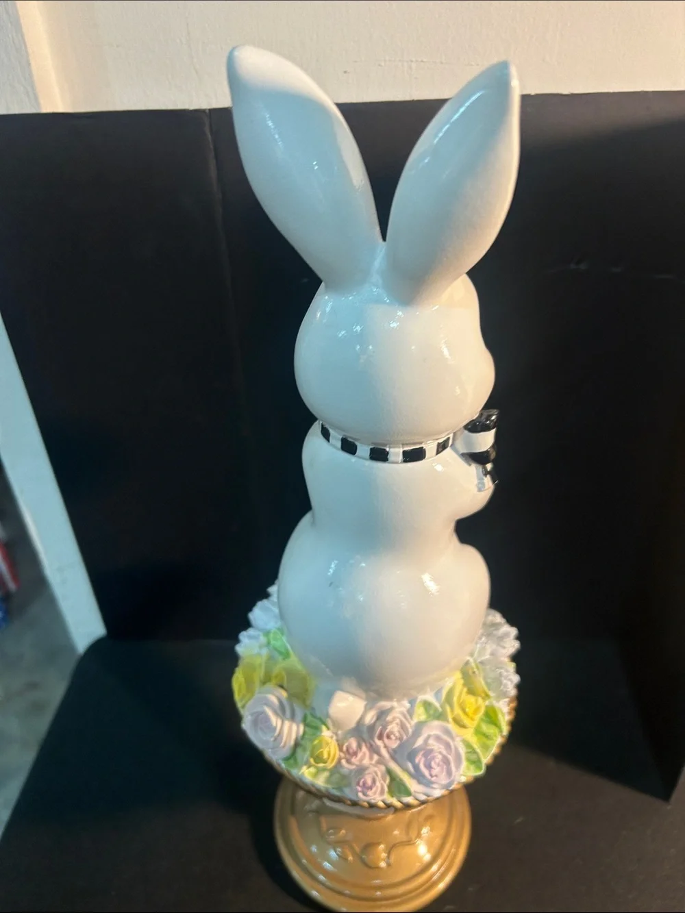 White Ceramic Bunny Figurine with Pink Egg and Gold Base -